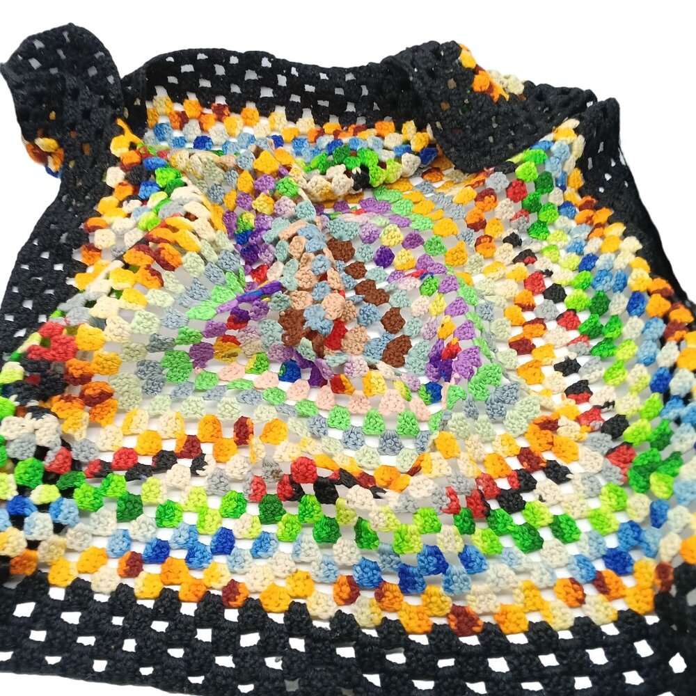 Colorful Square Table Cover, Hand Knitted or Crocheted Vintage Multicolored